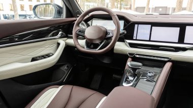 Araba içi - direksiyon, vites kolu ve gösterge paneli, klima kontrolü, hız göstergesi, ekran. Yeni bir stil mekanı.