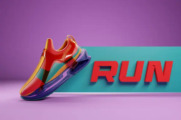 Illustration Colorful New Sports Sneakers Huge Foam Sole Inscription Run — Stock Photo, Image