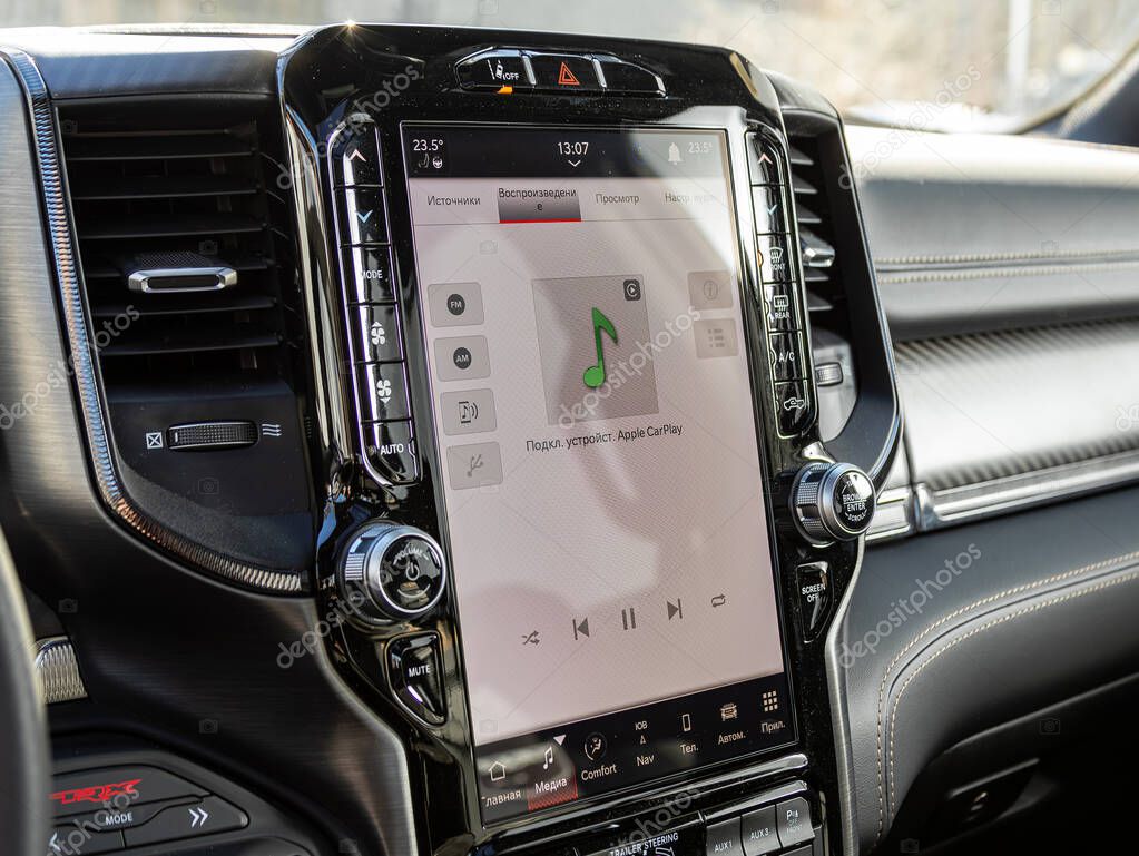 Novosibirsk, Russia - March  22 , 2024:  Dodge Ram Trx, close-up of the dashboard,  monitor with radio, navigator, player.