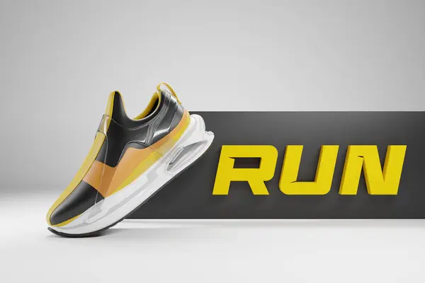 3D图片上的黑色和黄色的新运动鞋在一个巨大的彩色泡沫底白色孤立的背景 运动鞋与短语跑 时髦的运动鞋 — 图库照片