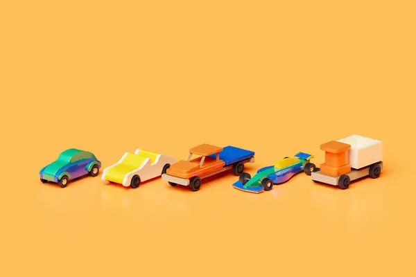3D不同类型的儿童车 皮卡的彩色模型 — 图库照片