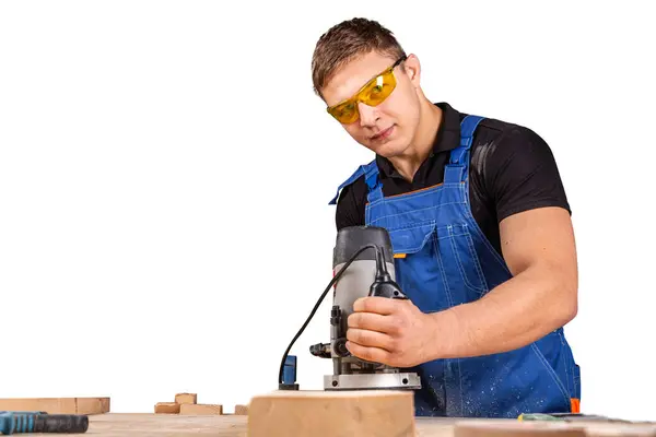 Young Man Wearing Safety Goggles Carpenter Builder Pre Works Edges Royalty Free Stock Images