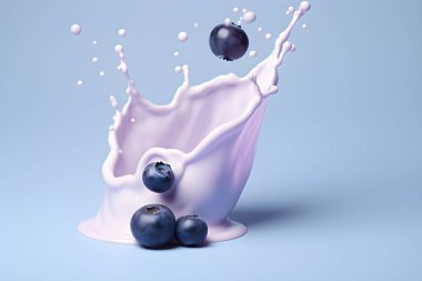 Close-up of milk splashes with blueberries flying on a blu background, created by ai. 3D illustration clipart