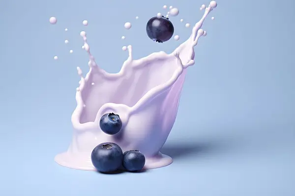 Close Milk Splashes Blueberries Flying Blu Background Created Illustration — Stock Photo, Image