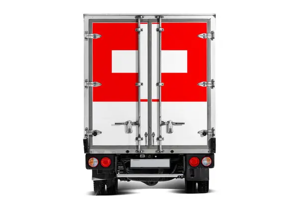 Een Vrachtwagen Met Nationale Vlag Van Zwitserland Achterklep Rijdt Tegen — Stockfoto