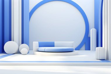 Geometrik bir kompozisyonun arka planında bir podyum standının 3 boyutlu çizimi. Yapay zeka tarafından üretilen 3 boyutlu illüstrasyon