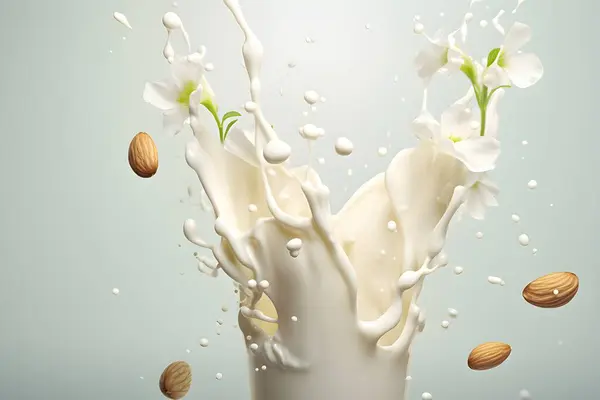 Close Milk Splashes Flying Almonds Light Background Created Illustration — Stock Photo, Image
