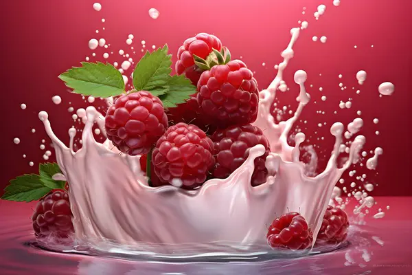 Close Milk Splashes Flying Raspberries Red Background Created Illustration Stock Picture