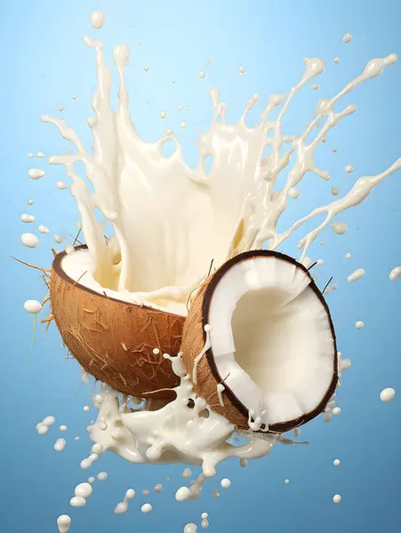 Generated Close Milk Splashes Flying Coconut Blue Background Illustration Stock Image