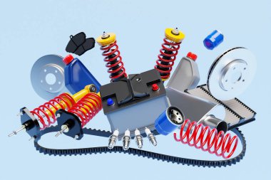 Otomobil parçaları, araba şoku emici, yağ kutusu, yakıt ve hava filtrelerinin mavi izole edilmiş halinin üç boyutlu bir çizimi. Araba Tamir Parçaları