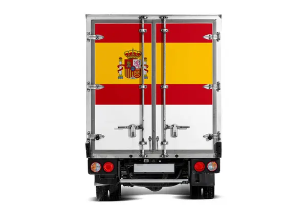Caminhão Com Bandeira Nacional Espanha Retratado Tailgate Dirige Contra Fundo — Fotografia de Stock