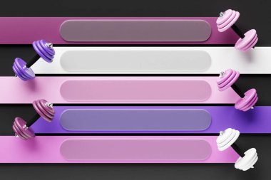 Siyah arka plandaki tasarımınız için boş şeritlerin üzerindeki çok renkli halterlerin üç boyutlu çizimi. Spor ve spor aletleri