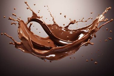 Close-up of chocolate splashes   flying on a black  background, created by ai. 3D illustration clipart