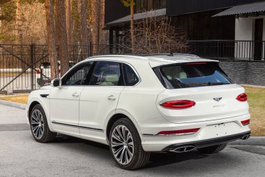 Novosibirsk, Rusya - 01 Mayıs 2024: Beyaz Bentley Bentayga, arka manzara, bir şehir parkı. Başka araba ve insan yok.. 