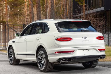 Novosibirsk, Rusya - 01 Mayıs 2024: Beyaz Bentley Bentayga, sıcak bir günde parkın arka planına park etti.