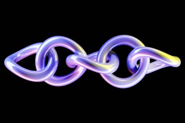 Siyah arkaplandaki renkli zincirlerin üç boyutlu çizimi. Geometrik desen. Teknoloji geometri arka planı