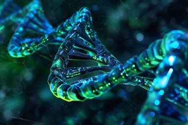 Üç boyutlu soyut sarmalın elektrik mavisi ve yeşili ile parlayan uçları ai tarafından üretilen hali.