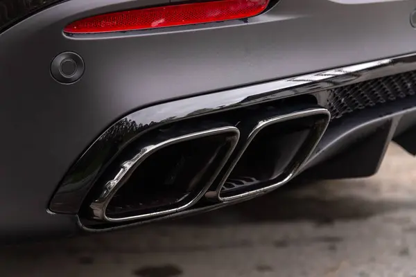 stock image Novosibirsk, Russia -  June 01, 2024: Mercedes-Benz GLE  AMG 63, Close-up of dual chrome exhaust pipes