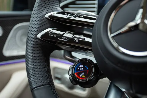 stock image Novosibirsk, Russia -  June 01, 2024: Mercedes-Benz GLE  AMG 63,  Car controller on steerling wheel ,Music,Control System Function and voice telephone in car. modern car interior