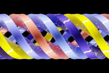 Farklı renklerde bir stereo şeridin 3 boyutlu çizimi. Geometrik çizgiler dalgalara benzer. Basitleştirilmiş mavi DNA çizgisi