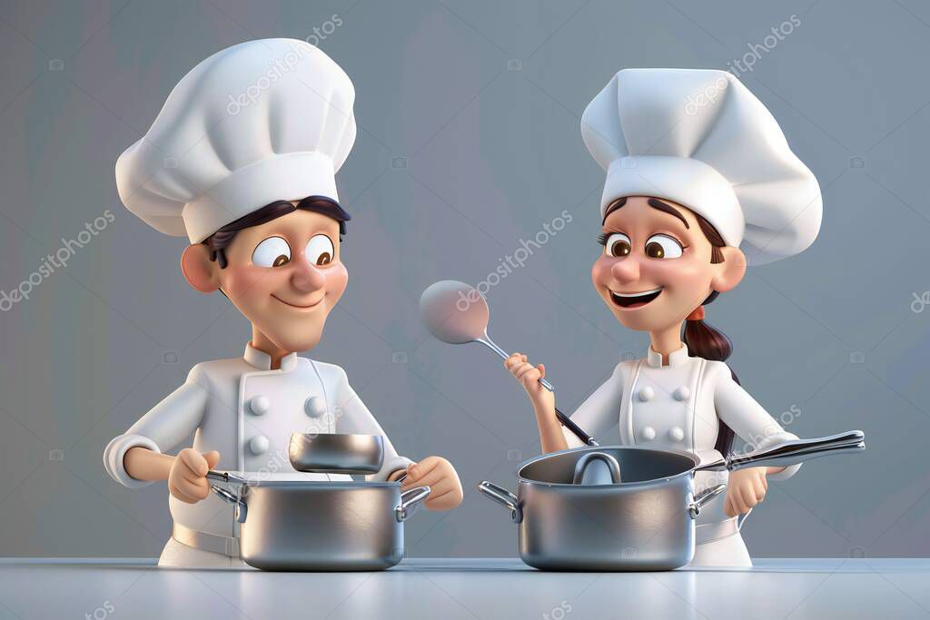 Male and female chefs characters with aprons and cooking utensils. Cartoon 3D illustration set of man and woman preparing a gourmet meal, generated by ai