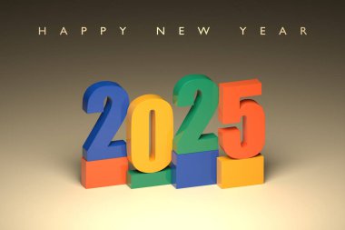 Mutlu yıllar 2025. 2025 'in çok renkli cilt numaraları. Modaya uygun bir Noel geçmişi. Gerçekçi 3d illüstrasyon