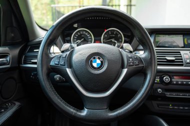 Novosibirsk, Rusya - 10 Temmuz 2024: BMW X6, gösterge paneli, çok fonksiyonlu direksiyon, Speedomet