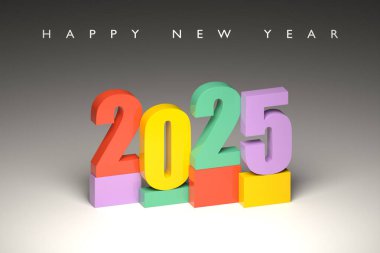 Renkli arka planda 3D numaraları olan 2025 hattatlık el ilanları, posterler, iş broşürleri, broşürler, kartpostallar, kartpostallar için yeni yıl kutlaması topları. 3B illüstrasyon