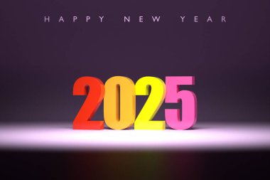 Renkli arka planda 3D numaraları olan 2025 hattatlık el ilanları, posterler, iş broşürleri, broşürler, kartpostallar, kartpostallar için yeni yıl kutlaması topları. 3B illüstrasyon