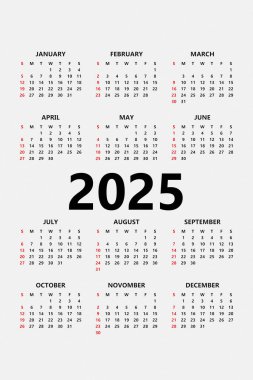 2025 yılı için minimalist tarzda çok renkli aylık takvim şablonu. Dikey yazdırılabilir takvim. 12 ay için ayarlandı. Önceki, şimdiki ve gelecek ay ile sayfa.