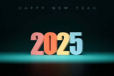 Takvim başlığı: 2025, siyah arkaplan. Mutlu yıllar 2025 Renkli geçmiş.