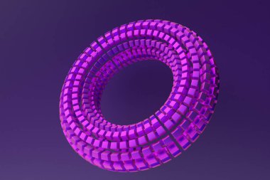 Gelecekçi neon renkli Torus çöreği. Mor arkaplanda 3B biçimlendirme, torus geometrisi biçimi