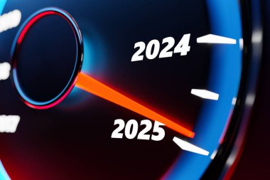 3D illüstrasyon siyah hız göstergesini 2024,2025 ile kapatın. Yeni yıl konsepti ve otomotiv alanında Noel. Yeni yıla kadar aylar, zaman sayılıyor.