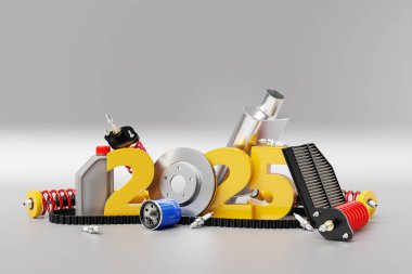 3d illüstrasyon tasarımı mutlu yıllar 2025 Otomatik mekanik servis konsepti için otomobil parçaları beyaz arkaplanda izole.