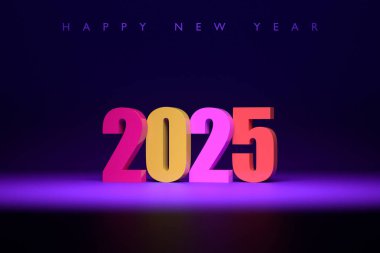Mutlu yıllar 2025. 2025 'in çok renkli cilt numaraları. Modaya uygun bir Noel geçmişi. Gerçekçi 3d illüstrasyon