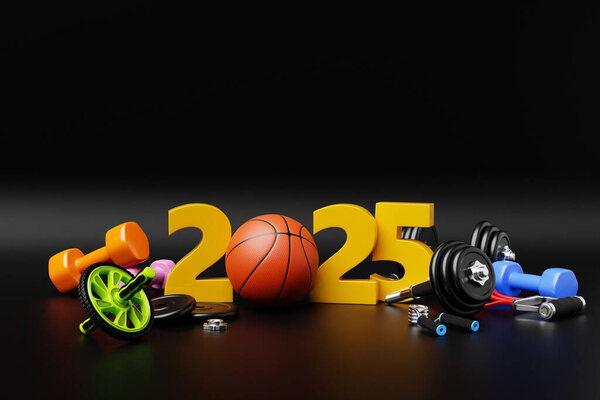 3d illustration of  design happy new year 2025  and sports equipment. Sports equipment: kettlebell, dumbbell, elastic band for sports, gymnastic roller for the press. Sport happy new year  banner