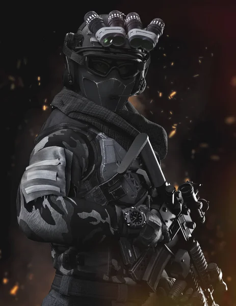 전투복 돌격소총을 군인의 초상화 렌더링 — 스톡 사진