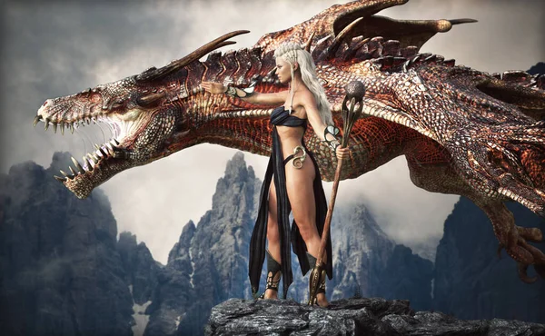 Retrato Rainha Dragão Segurando Sua Equipe Liberando Seu Devastador Dragão — Fotografia de Stock