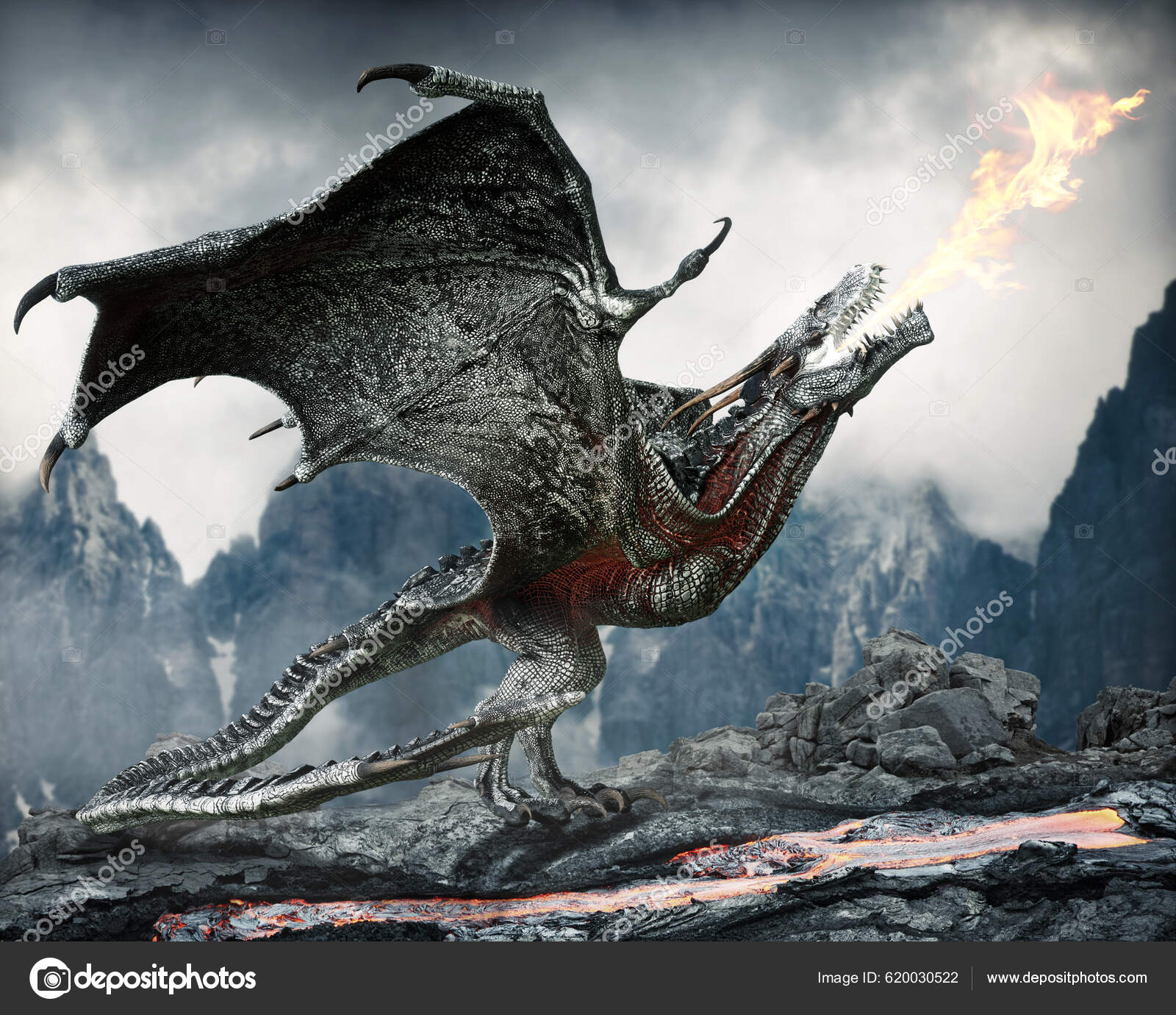 Могучий Виверн Дракон Показывает Свою Силу Рядом Территорией.