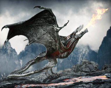 Güçlü bir Wyvern Ejderhası kendi bölgesinin yakınlarında gücünü gösteriyor. 3d oluşturma