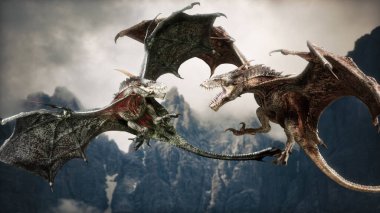 Two fierce Wyvern dragons attacking for territory high above the ancient mountains. 3d rendering clipart