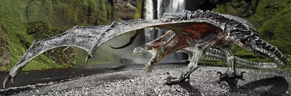 Жестокий Дракон Готов Атаковать Защищая Свою Территорию Водопадом Рендеринг — стоковое фото
