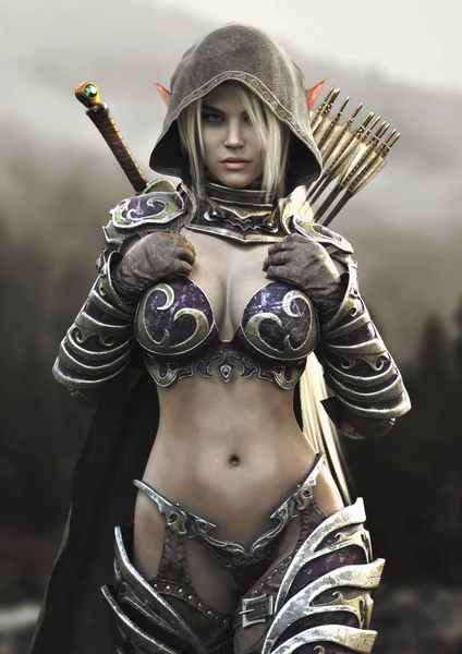 一个迷人的幻想中的女性头戴头巾的黑暗精灵的肖像接近 战士身穿闪亮的传统盔甲 装备着剑 弓和箭 3D渲染 — 图库照片