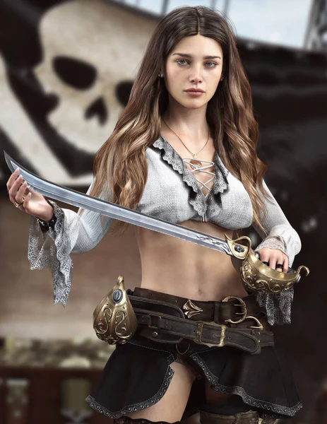 Retrato Una Mercenaria Pirata Femenina Parada Cubierta Barco Mostrando Orgullosamente Fotos De Stock