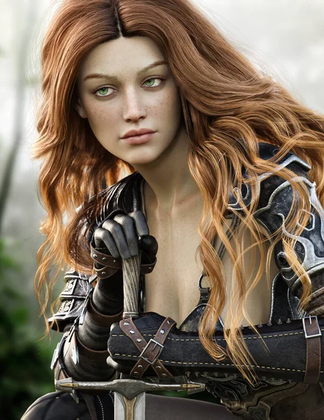 Portrait of a fantasy female woodland red headed ranger, wearing leather armor and equipped with a sword relaxing before continuing on her adventure . 3d rendering