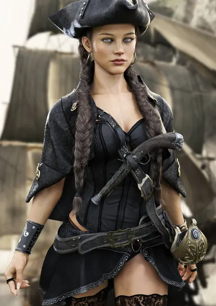 ブルネットの勇敢な女性海賊の肖像画は 黒い服を着て 戦闘の準備ができているフリントロックピストルで武装しました 3Dレンダリング ストックフォト