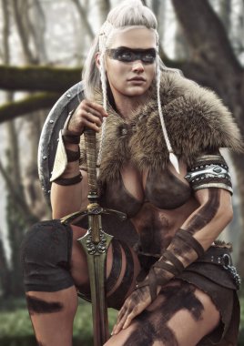 Süslü bir kılıç ve kalkanla vahşi bir Viking kadın savaşçının portresi. Beyaz örgülü saçlar ve siyah yüz boyası izleri. Memleketinde devriye gezdikten sonra dinleniyor. 3d oluşturma.