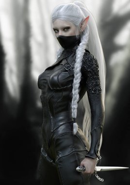 Uzun beyaz saçlı, sivri kulaklı ve siyah maskeli kadın bir elf suikastçısının portresi. Siyah dar deri zırh. Elinde dekoratif saplı bir hançer var. 3d oluşturma