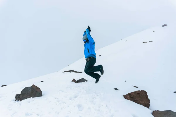 Hiker Man Jumping Base Chimborazo Mountain Ecuador — Stock Photo, Image