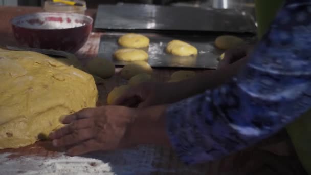 Making Dough Hands Wooden Table Background — Vídeos de Stock